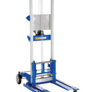 The Vestil Winch Lift Truck Adjust Straddle 500 Lb is a blue and silver manual stacker with wheels, a hydraulic system, and adjustable straddle legs. It can lift pallets up to 500 lbs using its two base forks, ideal for heavy item transport. Its upright design reveals visible cables and pulleys.