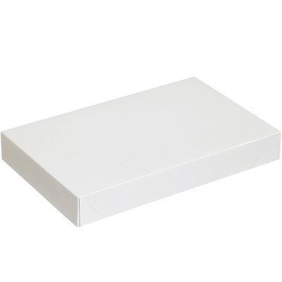 AB15092W.jpg The MH-USA 15 x 9 1/2 x 2 White Apparel Boxes (100/Case) feature a plain rectangular design with smooth surfaces and clean edges, showcased against a white backdrop from a slightly elevated angle to highlight their understated elegance.