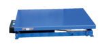 The Vestil Heavy Duty Air Bag Scissor Table 1K Lb is a robust blue industrial lift with a flat metal surface for heavy loads, featuring a rectangular design with side labels and control mechanisms for easy operation.