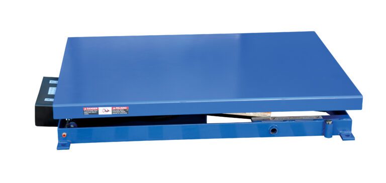 The Vestil Heavy Duty Air Bag Scissor Table 1K Lb is a robust blue industrial lift with a flat metal surface for heavy loads, featuring a rectangular design with side labels and control mechanisms for easy operation.