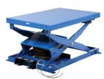 The Vestil Heavy Duty Air Bag Scissor Table 2K Lb is a durable blue lift table with a flat rectangular platform, robust frame, visible pneumatic parts beneath, and an operation cable at the base for material elevation.