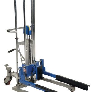 The Vestil Adjustable Box Stacker 380 Lb Capacity features a durable metal frame, blue hydraulics, black forks, two front wheels, a rear wheel for smooth movement, and an easy-to-use handle with lever for precise operation.
