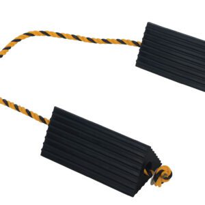 The Vestil Rubber Airline Wheel Chock 5 X 10 includes two black chocks linked by a yellow and black striped rope, featuring ridged textures for vehicle stabilization.
