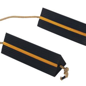 The Vestil Rubber Airline Wheel Chock W/Rope 6 x 18 set includes two black rubber chocks connected by a yellow rope, each with a groove and a bold yellow stripe for enhanced functionality and visibility.