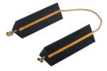 The Vestil Airline Wheel Chock, 6 X 18, includes black rubber chocks with yellow reflective strips, joined by a tan rope. Each has a sloped, ridged surface for effective vehicle stabilization.