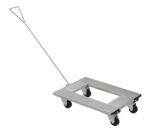 The Vestil Aluminum Channel Dolly 21Wx30L W/Handle features a sleek silver metal platform, four black wheels, and an angled handle for easy pulling, making it ideal for efficiently transporting heavy items.