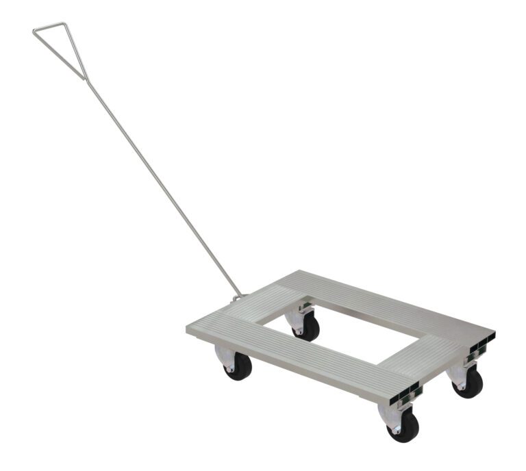 The Vestil Aluminum Channel Dolly 21Wx30L W/Handle features a sleek silver metal platform, four black wheels, and an angled handle for easy pulling, making it ideal for efficiently transporting heavy items.