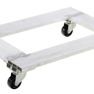 The Vestil Aluminum Channel Dolly 900 Lb 21W X 30L is a rectangular metal dolly with a grated surface, equipped with four swivel caster wheels, ideal for moving heavy loads while offering a sleek, industrial design.