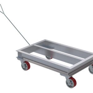 The Vestil Aluminum Channel Dolly 24Wx36L W/Handle, with four red and gray wheels and a long handle for pulling, features a rectangular metal frame with an open center for easy transportation of items.