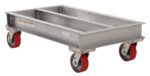 The Vestil Aluminum Channel Dolly 2000 Lb features a sturdy silver frame, measuring 24W X 42L, with four red swivel wheels. Its perfect for heavy-duty tasks, effortlessly moving large items up to 2000 lbs.