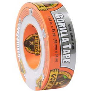 A roll of 2 x 30 yds. Silver Gorilla® Duct Tape is displayed with prominent branding, highlighting its strength and adhesive quality.