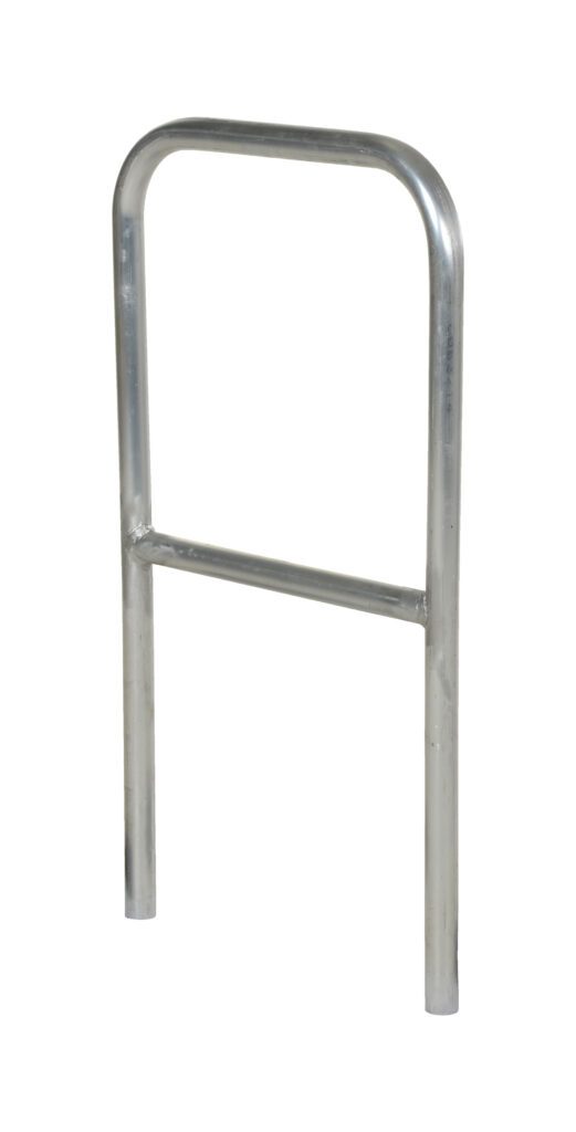 The Vestil Aluminum Safety Railing 24 In L features a silver metallic rectangular handrail with a rounded top, supported by two vertical legs, offering sleek and simple support or barrier purposes.