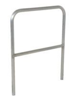 The Vestil Aluminum Safety Railing 36 In L is a silver, rectangular metal bike rack with rounded top corners, two vertical legs, and a mid-horizontal bar. Its smooth finish shines against the white background.