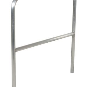 A sleek silver metal bike rack features a minimalist rectangular frame with a low horizontal bar, similar to the Vestil Aluminum Safety Railing 48 In L. It stands empty against a stark white backdrop.