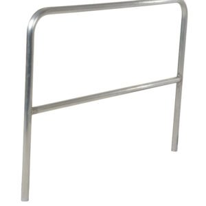 The Vestil Aluminum Safety Railing, 60 In L, is a sleek metal barrier crafted from tubular aluminum with a rectangular shape, rounded top corners, two vertical legs for support, and a horizontal bar for stability.