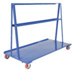The Vestil A-Frame Cart, with a 2K capacity and dimensions of 36.6875 x 72 inches, features a robust blue metal design with a triangular frame and flat base for easy transport of large materials. Four red and gray caster wheels provide smooth mobility.