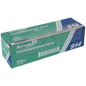 A box of Reynolds Foodservice Film, measuring 12 x 2,000, comes with distinctive green and blue packaging and the number 914 displayed on the side.