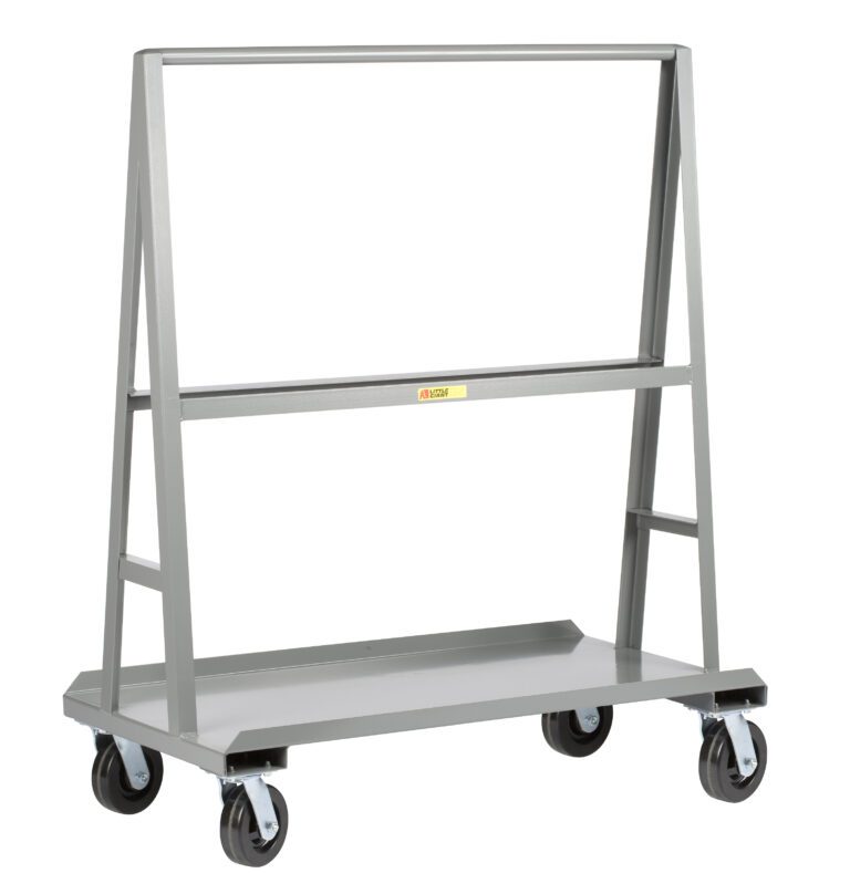 The Little Giant A Frame Sheet and Panel Truck is a gray, metal utility cart with an A-frame design, four swivel caster wheels, and a rectangular flat base with dual crossbars for efficient item transport or storage.