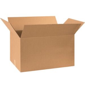 A large MH-USA 30 x 17 x 17 double wall corrugated box with outward extended flaps stands against a white background. Its an empty, brown box, included in a convenient set of 5/Bundle.
