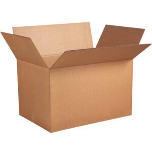 An open, empty MH-USA 41 x 28 3/4 x 25 1/2 double-wall corrugated box with extended flaps shines against a white backdrop, featuring a smooth surface and sturdy protection, sold in bundles of five.