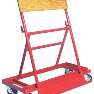 The red metal Vestil A-Frame Steel Truck features rubber casters and four wheels, designed to transport sheets with a wooden top panel and angled supports for stability. Dimensions: 22.75 X 42.625 inches.