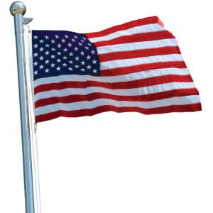 The image shows the Vestil United States Nylon Flag (60W X 36H in) waving against a white backdrop. Its vibrant red and white stripes, along with a blue field of stars, are supported by a silver flagpole to the left.