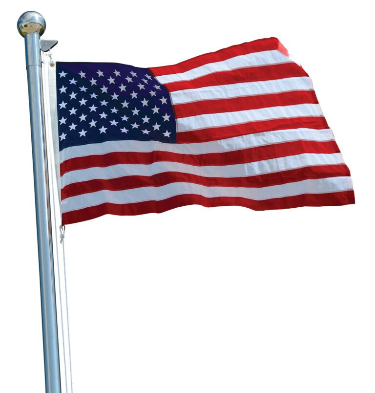 The image shows the Vestil United States Nylon Flag (60W X 36H in) waving against a white backdrop. Its vibrant red and white stripes, along with a blue field of stars, are supported by a silver flagpole to the left.