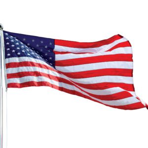 The image displays the 96W x 60H inch Vestil United States Nylon Flag, highlighting its red and white stripes with a blue field of stars at the top left, gracefully waving on a flagpole against a clean white background.