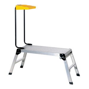 The Vestil Alum Folding Step Platform W/Tray 15X35 is a foldable aluminum platform with a sturdy rectangular surface, featuring four legs and a yellow extension arm, perfect for tasks needing extra height or reach.