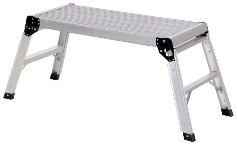 AFSP-2_A.jpg The Vestil Aluminum Folding Step Platform 15X35 In has a sturdy silver design, four foldable legs, and a grooved platform for stability. Its lightweight, making it easy to carry and store.