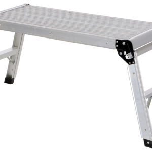 The Vestil Aluminum Folding Step Platform 15X35 In has a sturdy silver design, four foldable legs, and a grooved platform for stability. Its lightweight, making it easy to carry and store.