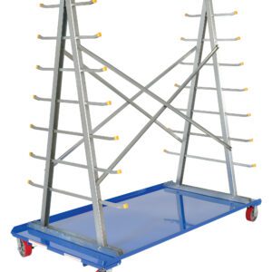 The Vestil A-Frame Cart 36-3/4 W x 72 L features a blue metal frame on red and gray wheels, with multiple angled rods having yellow tips for efficient storage.