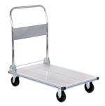 The Vestil Aluminum Platform Truck 0.6K 24 X 36 boasts a sleek silver design, a metal handle, and four black swivel wheels, perfect for easily moving heavy items across various surfaces.