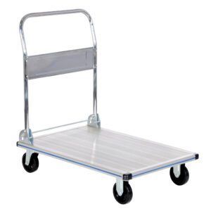 The Vestil Aluminum Platform Truck 0.6K 24 X 36 boasts a sleek silver design, a metal handle, and four black swivel wheels, perfect for easily moving heavy items across various surfaces.