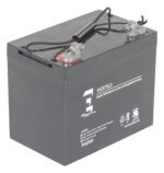 The Vestil Agm Upgrade Battery (1) 12V is a black, maintenance-free rechargeable unit with top metallic terminals, a carrying strap, and white text specifying details and cautionary symbols on the front.