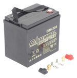 A black AGM battery from Centennial, model CB6-224, has a top carrying strap. Nearby, red and black connectors, washers, and caps rest on a white surface—perfect for your Vestil Agm Upgrade Battery (4) 6V system enhancements.