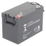 The Vestil Agm Upgrade Battery (1) 12V is a black rectangular rechargeable battery with two top terminals, side handles, and white text. Its maintenance-free, non-spillable design ensures easy handling and safe use.