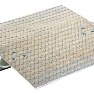 The Vestil Aluminum Hand Truck Dockplate 0.7K 30X24, with a diamond-patterned surface and two curved handles, features an angled hinge underneath, perfect for bridging dock-to-truck gaps and ensuring smooth loading=