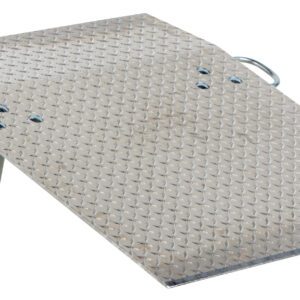 The Vestil Aluminum Hand Truck Dockplate 0.7K 30X36 boasts a textured diamond plate surface with a slight incline, side handles, and foldable legs for easy portability and stability, making it ideal for versatile use.