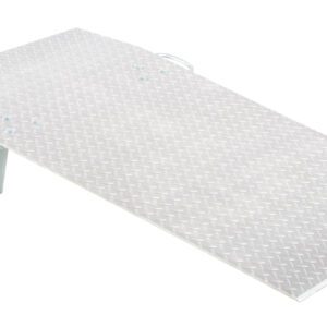 The Vestil Aluminum Hand Truck Dockplate 0.7K 30X48 features a diamond plate surface for grip, a single leg support, and two side handles. It measures 30x48 inches and supports up to 0.7K for easy transport.
