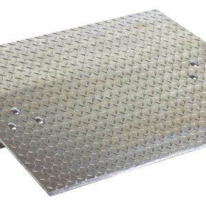 The Vestil Aluminum Hand Truck Dockplate 0.7K 36X24 includes a diamond plate ramp with a textured surface, two side handles for easy carrying, small holes, and a sturdy support bracket underneath to ensure stability.