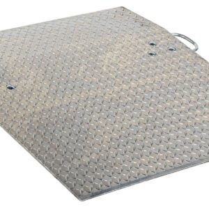 The Vestil Aluminum Hand Truck Dockplate 0.7K 36X36 features a diamond plate pattern and two side handles, designed for sturdiness with visible screw holes. This angled ramp efficiently supports up to 700 pounds for loading or bridging small gaps.