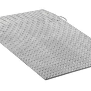 A metallic Vestil Aluminum Hand Truck Dockplate (36x48) features a diamond-plate design with two side handles and a rear raised section for stability, supporting up to 0.7K.