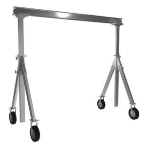 The Vestil Aluminum Gantry Crane W/Pnu Caster 10X10 includes a rectangular beam on two adjustable legs with A-frame supports and lockable wheels for mobility, set against a plain white background.