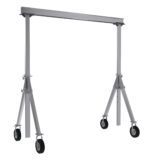 The Vestil Aluminum Gantry Crane W/Pnu Caster 12X12 boasts a modern silver design with a horizontal beam, adjustable legs, and swiveling caster wheels for easy movement, set against a clean white background.