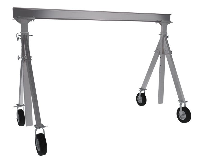AHA-15-12-8-PNU_A.jpg The Vestil Aluminum Gantry Crane W/Pnu Caster 12X8 has a silver metal beam on two adjustable, wheeled legs for easy mobility. Its sturdy design excels at lifting heavy loads effortlessly.