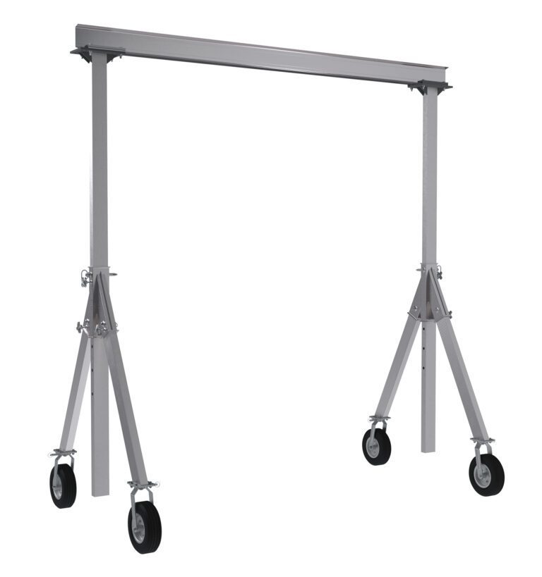 The Vestil Aluminum Gantry Crane W/Pnu Caster 15X12 features a rectangular beam, adjustable A-frame legs, and pneumatic caster wheels for easy mobility. Its silver structure includes visible wheel locking mechanisms for added safety.