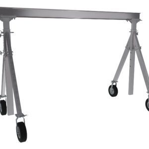 The Vestil Aluminum Gantry Crane W/Pnu Caster 15X8 is lightweight and portable, featuring a rectangular beam supported by two adjustable legs with pneumatic casters for easy mobility, perfect for diverse lifting tasks.