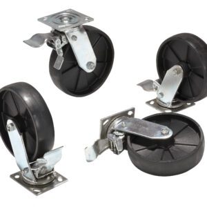 The Vestil Alum Gantry Crane Caster 8X2 Total Lock, a set of four black swivel casters with 8X2 black plastic wheels and sturdy gray metal hardware, is shown on a white background. Each caster has a strong total lock mechanism for secure positioning.