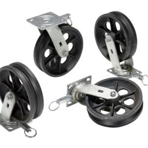 The image shows four black caster wheels featuring metal brackets and swivel plates, similar to Vestil Alum Gantry Crane V-Groove Wheels 8X2. Each has a black rubber rim, spoke design, and includes a locking mechanism and eye bolt.